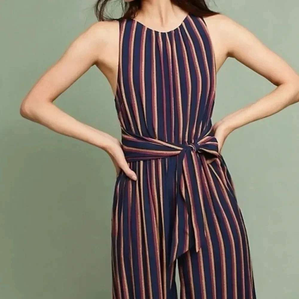 Plenty By Tracy Reese Stripe Front Tie Wide Leg Flowy Jumpsuit XL Anthropologie